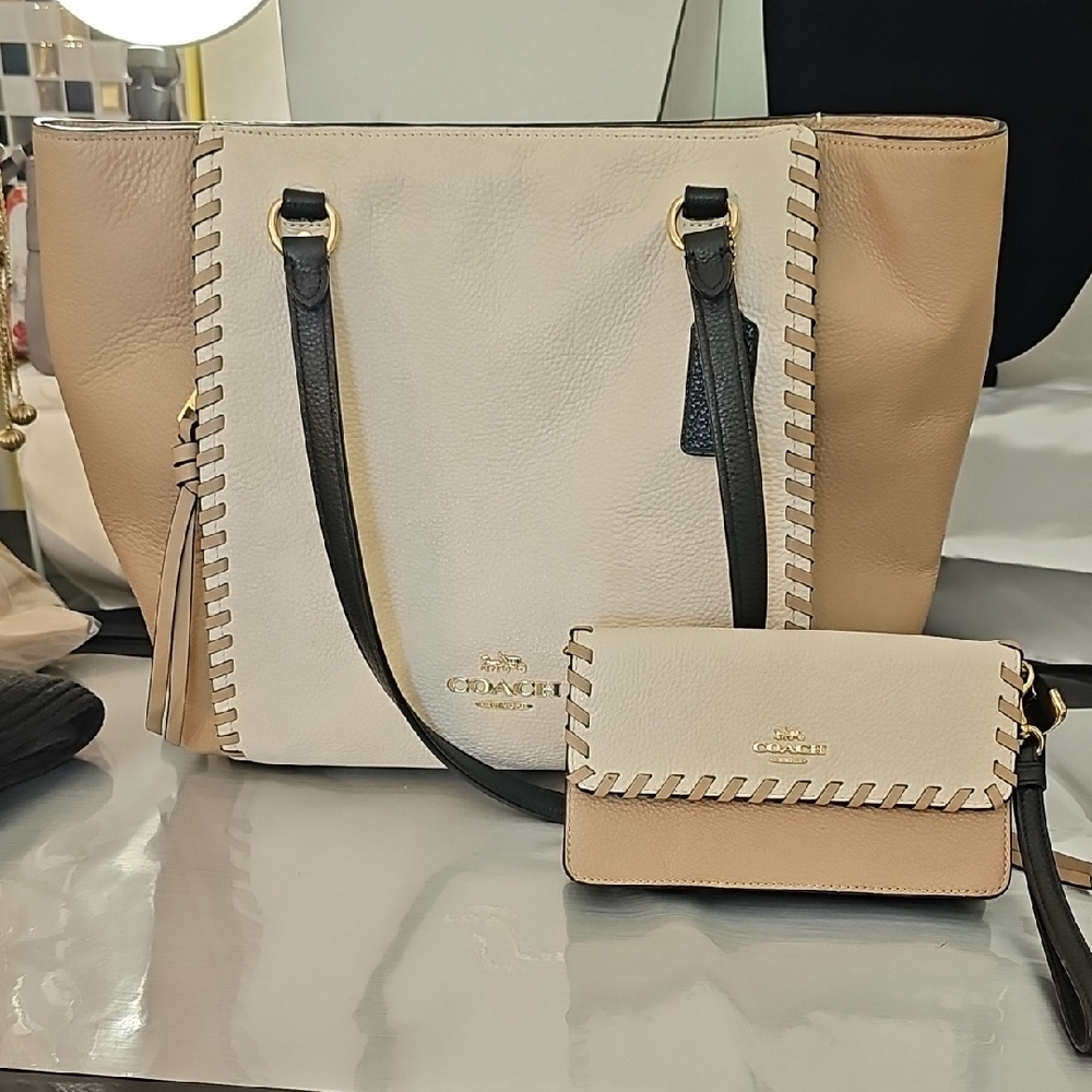 Coach Color Block Cream, Tan, and Black Leather Tote with Matching Wallet